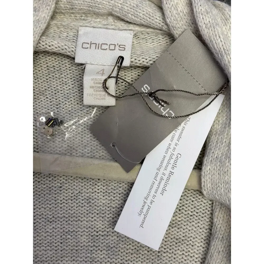 Chico's Knit Open Front Sweater Coat Womens Size 4 US XXL Ivory Embroidered NEW